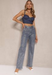 Niebieskie Jeansy Szerokie z Wiskozą i Bawełną High Waist Ozdobione Cyrkoniami Ellione. Niebieskie jeansy Renee, z aplikacjami, z bawełny, z podwyższonym stanem. W wyprzedaży za 187.99 zł.