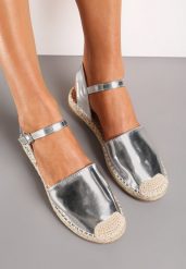 Srebrne Espadryle na Płaskiej Plecionej Podeszwie i Zakrytym Noskiem Clamirond. Szare espadryle Renee, bez wzorów, bez obcasa, na płaskiej podeszwie. W wyprzedaży za 67.99 zł.
