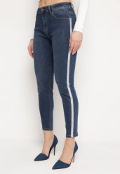 Granatowe Jeansy Skinny z Brokatowymi Lampasami Prestella. Niebieskie jeansy Born2be, bez wzorów, z jeansu, eleganckie, długie. Za 99.99 zł.