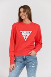 GUESS Czerwona damska bluza z dużym logo Original Fleece. Czerwone bluzy Guess, s, z aplikacjami, z bawełny, bez kaptura. W wyprzedaży za 251.99 zł.