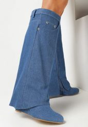 Niebieskie Kozaki na Koturnie z Wywiniętą Cholewką Minga. Niebieskie kozaki Born2be, bez wzorów, bez obcasa, na koturnie, bez zapięcia. Za 124.99 zł.