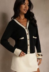 Czarny Kardigan z Wiskozą Lamówką i Guzikami Halisette. Czarne swetry Renee, l, bez wzorów, z jeansu, eleganckie, bez ramiączek. Za 119.99 zł.