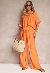 Pomarańczowy 2-Częściowy Komplet z Wiskozy Koszula o Luźnym Kroju Szerokie Spodnie Velvitela. Brązowe koszule Renee, bez wzorów, z materiału, eleganckie, bez kołnierzyka, bez ramiączek. Za 129.99 zł.