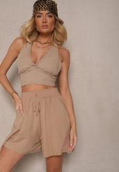 Beżowe Szorty z Bawełny High Waist Ozdobione Wiązaniem Selmio. Brązowe szorty Renee, z aplikacjami, z bawełny, eleganckie. W wyprzedaży za 23.99 zł.