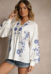 Biała Bluzka z Wiskozą i Haftowanym Wzorem Novalisse. Białe bluzki Renee, l, bez wzorów, z jeansu, eleganckie, bez kołnierzyka, bez ramiączek. W wyprzedaży za 83.99 zł.