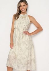 Jasnobeżowa Koktajlowa Sukienka z Dekoltem Typu Halter z Broszką w Kształcie Kwiatu Vikiida. Brązowe sukienki Born2be, bez wzorów, eleganckie, bez kołnierzyka, bez ramiączek, midi. Za 209.99 zł.