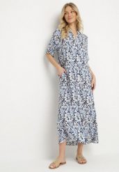 Niebieska Sukienka z Wiskozy o Pudełkowym Kroju w Ornamentalny Wzór Ridisa. Niebieskie sukienki Born2be, na co dzień, l, bez wzorów, z wiskozy, eleganckie, bez kołnierzyka, bez ramiączek, maxi, kopertowe. Za 99.99 zł.