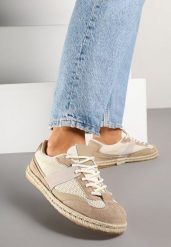 Ciemnobeżowe Sneakersy Typu Kultowe Tenisówki Zdobione Przeszyciami Grelloti. Brązowe trampki Renee, z aplikacjami, z jeansu, eleganckie, bez zapięcia. W wyprzedaży za 75.99 zł.