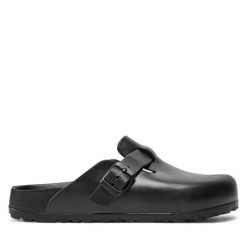 Klapki Birkenstock. Czarne klapki Birkenstock, bez wzorów, bez obcasa, bez zapięcia. Za 299.99 zł.