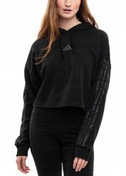 Bluza damska adidas Essentials 3 Stripes Print French Terry Hoodie. Czarne bluzy z kapturem adidas, uniwersalny, bez wzorów, z bawełny, z kapturem, na golfa. Za 229.99 zł.