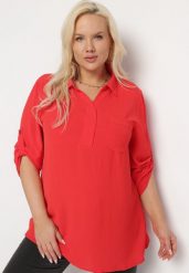 Czerwona Bluzka Koszulowa z Kołnierzykiem i Wsuwaną Kieszonką Tafeta. Czerwone bluzki Born2be, l, bez wzorów, z jeansu, eleganckie, bez kołnierzyka, bez ramiączek. W wyprzedaży za 63.74 zł.