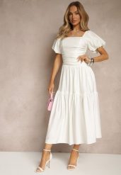 Biała Sukienka Wiskozowa Drapowana z Rozkloszowanym Dołem Naprine. Białe sukienki Renee, na co dzień, l, bez wzorów, z wiskozy, eleganckie, bez kołnierzyka, bez ramiączek, midi, rozkloszowane. W wyprzedaży za 127.99 zł.