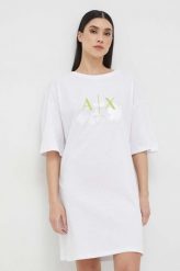 Armani Exchange sukienka bawełniana kolor biały mini oversize. Białe sukienki Armani Exchange, l, bez wzorów, z bawełny, bez kołnierzyka, bez ramiączek, mini, oversize. Za 359.99 zł.
