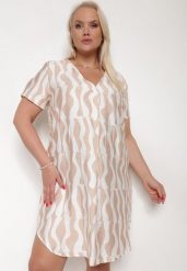 Jasnobeżowa Rozkloszowana Sukienka z Dekoltem w Serek Vikisora. Brązowe sukienki Born2be, xl, bez wzorów, z materiału, bez kołnierzyka, bez ramiączek, midi, rozkloszowane. Za 109.99 zł.