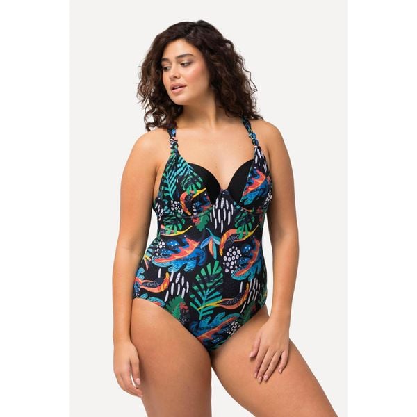 Damski Kostium kąpielowy błyszczący materiał miękkie miseczki fiszbiny. Czarne stroje jednoczęściowe Ulla Popken, bez wzorów, z elastanu, sportowe. Za 294.99 zł.