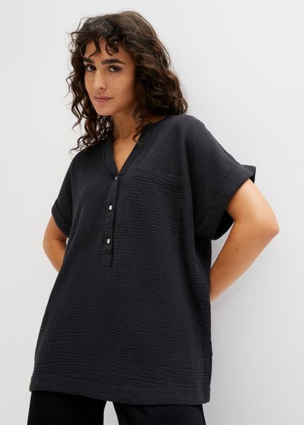 Bluzka muślinowa z krótki rękawem. Brązowe bluzki bonprix, bez wzorów, eleganckie, bez kołnierzyka, bez ramiączek. Za 109.99 zł.