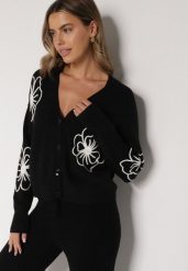 Czarny Kardigan na Guziki w Haftowane Kwiaty Tustara. Czarne swetry Born2be, l, bez wzorów, z jeansu, bez ramiączek. Za 79.99 zł.