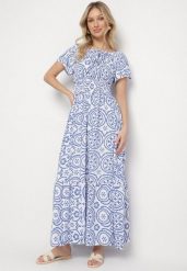 Niebiesko-Biała Rozkloszowana Sukienka z Bawełną i Abstrakcyjnym Wzorem Ldivoria. Niebieskie sukienki Born2be, na imprezę, m, bez wzorów, z bawełny, eleganckie, bez kołnierzyka, bez ramiączek, maxi, rozkloszowane. Za 69.99 zł.