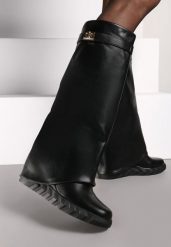 Czarne Kozaki z Klamerką i Wywiniętą Cholewką Elliandra. Czarne kozaki Renee, na jesień, bez wzorów, eleganckie, bez obcasa, na koturnie, bez zapięcia. Za 119.99 zł.