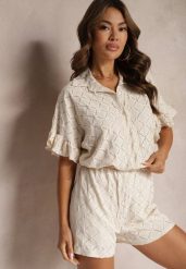 Jasnobeżowy Komplet Krótkie Spodenki i Wiązana Koszula Fredefia. Brązowe koszule Renee, bez wzorów, eleganckie, bez kołnierzyka, bez ramiączek. W wyprzedaży za 143.99 zł.