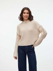 Vero Moda Sweter "New Cream" w kolorze beżowym rozmiar: M. Brązowe swetry Vero Moda, m, bez wzorów, ze splotem, bez ramiączek. Za 100.99 zł.