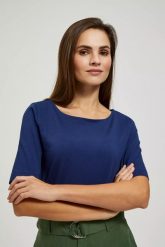 Bluzka z okrągłym dekoltem i krótkimi rękawami granatowa. Bluzki MOODO, xs, bez wzorów, bez kołnierzyka, bez ramiączek. W wyprzedaży za 24.99 zł.