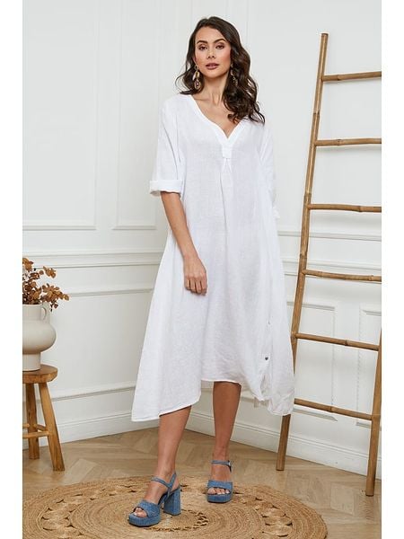 Joséfine Lniana sukienka w kolorze białym rozmiar: M. Białe sukienki Joséfine, na co dzień, m, bez wzorów, ze lnu, z asymetrycznym kołnierzem, bez ramiączek, maxi, asymetryczne. Za 255.34 zł.