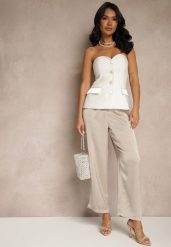 Beżowe Spodnie High Waist o Eleganckim Fasonie z Prostą Nogawką Jenarwena. Brązowe jeansy Renee, l, bez wzorów, z jeansu, eleganckie, z podwyższonym stanem. W wyprzedaży za 56.99 zł.
