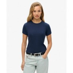 Kobiece t-shirt z prążkowanej tkaniny z logo Superdry Athletic Essentials. Niebieskie t-shirty Superdry, bez wzorów, z koronki, bez kołnierzyka, bez ramiączek. Za 122.25 zł.