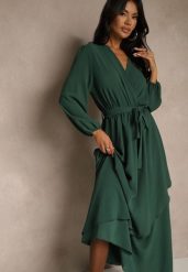 Zielona Asymetryczna Koktajlowa Sukienka z Wiskozą Kopertowym Dekoltem i Paskiem Laniea. Zielone sukienki Renee, na imprezę, xl, bez wzorów, z wiskozy, eleganckie, z asymetrycznym kołnierzem, bez ramiączek, maxi, asymetryczne. Za 109.99 zł.