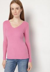 Różowy Dopasowany Sweter z Nieregularnym Dekoltem w Serek Fenarela. Czerwone swetry Born2be, m, bez wzorów, z jeansu, biznesowe, bez ramiączek. Za 49.99 zł.