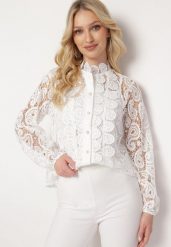 Biała Koszula Koronkowa ze Stójką w Stylu Vintage Drusilia. Białe koszule Born2be, m, bez wzorów, z koronki, vintage, bez kołnierzyka, bez ramiączek. Za 129.99 zł.