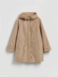 Kurtka z kapturem - beżowy. Brązowe kurtki Reserved, l, bez wzorów, z tkaniny, z kapturem. Za 199.99 zł.