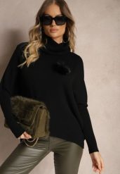 Czarny Golf o Kroju Nietoperza Ozdobiony Odpinaną Aplikacją 3D Melodia. Czarne swetry Renee, s, z aplikacjami, z jeansu, eleganckie, bez ramiączek. W wyprzedaży za 79.99 zł.