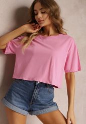 Jasnoróżowy T-shirt o Fasonie Cropped Oversize Brighta. Czerwone t-shirty Renee, l, bez wzorów, eleganckie, bez kołnierzyka, bez ramiączek. Za 29.99 zł.