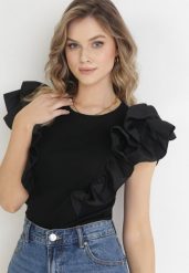 Czarna Bluzka z Dwuwarstwowymi Falbankami Wokół Ramion Camuenia. Czarne bluzki Born2be, m, bez wzorów, z bawełny, bez kołnierzyka, bez ramiączek. W wyprzedaży za 67.99 zł.