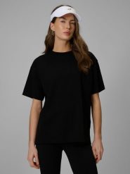 4F T-shirt loose gładki damski - czarny XS. Czarne t-shirty 4f, uniwersalny, bez wzorów, z dzianiny, bez kołnierzyka, bez ramiączek. W wyprzedaży za 39.99 zł.