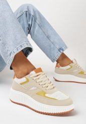 Beżowe Sneakersy na Grubej Podeszwie Ozdobione Brokatem Evllina. Brązowe buty sportowe lifestyle Born2be, bez wzorów, sportowe, bez zapięcia. W wyprzedaży za 93.49 zł.