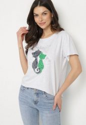 Jasnoszary T-shirt z Bawełny z Ozdobnym Napisem i Nadrukiem Olinella. Szare t-shirty Born2be, l, bez wzorów, z bawełny, bez kołnierzyka, bez ramiączek. Za 69.99 zł.