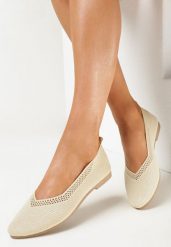 Beżowe Plecione Balerinki z Ażurowymi Wycięciami Jene. Brązowe baleriny Born2be, w ażurowe wzory, bez obcasa, na płaskiej podeszwie, bez zapięcia. Za 44.99 zł.