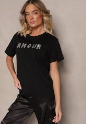 Czarny Bawełniany T-shirt z Napisem z Cekinami Marivinna. Czarne t-shirty Renee, m, bez wzorów, z bawełny, eleganckie, bez kołnierzyka, bez ramiączek. W wyprzedaży za 31.99 zł.