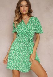 Zielona Sukienka Mini w Kwiatki z Gumką w Pasie Irarria. Zielone sukienki Renee, l, bez wzorów, bez kołnierzyka, bez ramiączek, mini. W wyprzedaży za 62.99 zł.