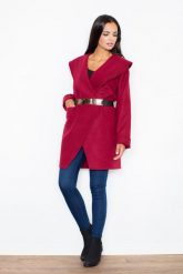 Bordowy Krótki Stylowy Płaszcz z Dużym Kołnierzem bez Zapięcia. Czerwone płaszcze Figl, l, bez wzorów, z materiału, eleganckie, bez kaptura. Za 369.00 zł.