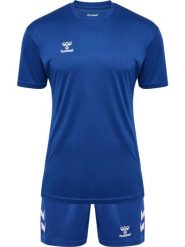 Zestaw koszulka + szorty Hummel Logo. Niebieskie szorty sportowe Hummel, bez wzorów, z bawełny, z standardowym stanem, na fitness i siłownię. Za 190.00 zł.