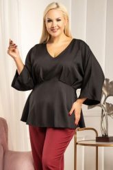 Bluzka wieczorowa odcinana pod biustem elegancka ala baskinka MADRYTA czarna. Czarne bluzki KARKO, l, bez wzorów, z elastanu, eleganckie, bez kołnierzyka, plus size, bez ramiączek. Za 79.50 zł.