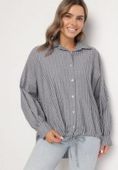 Ciemnoszara Bawełniana Koszula Oversize w Paski ze Ściągaczem Elineola. Szare koszule Born2be, uniwersalny, bez wzorów, z bawełny, eleganckie, bez kołnierzyka, bez ramiączek. Za 119.99 zł.
