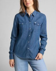LEE REGULAR WESTERN DAMSKA KOSZULA JEANSOWA SHIR PISCINE L45SZSQE 112110498. Koszule Lee, l, bez wzorów, z jeansu, bez kołnierzyka, bez ramiączek. Za 159.99 zł.