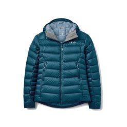 Kurtka trekkingowa puchowa damska Electron Pro Hoody Women. Niebieskie kurtki RAB, bez wzorów, z puchu, sportowe, z kapturem. Za 1,419.99 zł.