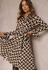 Beżowa Sukienka Koszulowa w Geometryczny Wzór Reimeza. Brązowe sukienki Renee, na co dzień, l, bez wzorów, eleganckie, bez kołnierzyka, bez ramiączek, midi, koszulowe. W wyprzedaży za 167.99 zł.