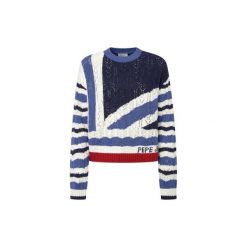 Sweter damski Pepe Jeans Harlow. Białe swetry Pepe Jeans, na zimę, bez wzorów, z jeansu, eleganckie, bez ramiączek. W wyprzedaży za 295.20 zł.
